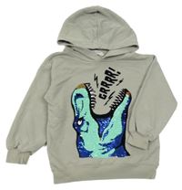 Světlešedá mikina s dinosaurem z překlápěcích flitrů a kapucí H&M