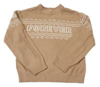 Hnědobéžový pletený sveter s nápisom a srdiečkami a vločkami H&M