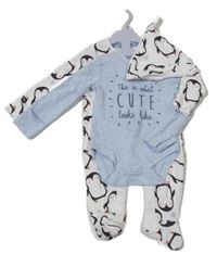 Nové - 3Set - Bílý overal a čepice s tučňáčky + modré melírované body s nápisy F&F