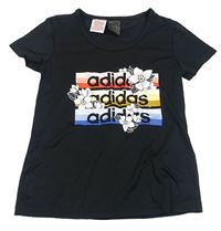 Černé sportovní funkční tričko s nápisy a květy Adidas