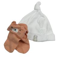 2set - Bílá bavlněná čepice s pandou + starorůžové ponožky s čumákem