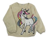 Béžová chlpatá mikina s jednorožcem z překlápěcích flitrů H&M