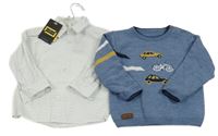 Nové - 2set - Modrý melírovaný svetr s dopravními prostředky + bílá vzorovaná košile