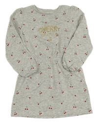 Světlešedé melírované teplákové šaty s třešněmi a nápisem Kiabi