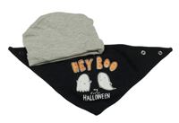 2set - Šedá melírovaná bavlněná čepice + černý slinták s duchy