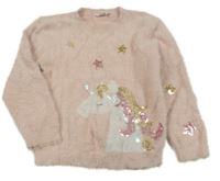 Staroružový chlpatý sveter s jednorožcom s flitrami M&Co.