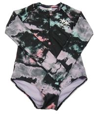 Čierno-lila-tyrkysové batikované UV plavky s palmami H&M