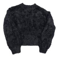 Čierny chlpatý crop sveter s korálkami Dunnes