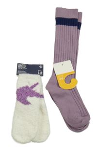 Nové - 2x set - fialové rebrované podkolenky + bielo-fialové chlpaté ponožky