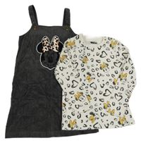 2 set - tmavošedé manšestrové laclové šaty s Minnie + bílo-šedé vzorované žebrované triko George