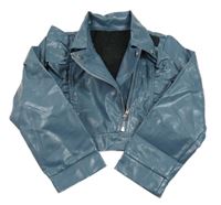 Tmavomodrá koženková crop bunda s volánikmi shein