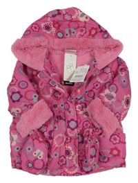 Nové - Růžová květovaná šusťáková zimní bunda s kapucí s kožešinou + rukavice 