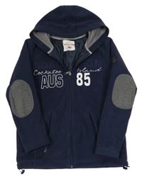 Tmavomodrá fleecová prepínaci mikina s nápismi a kapucňou