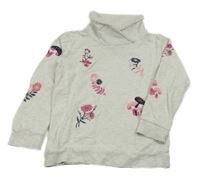 Svetlosivá melírovaná mikina s kvetmi a golierikom Topolino