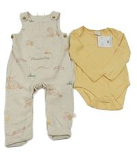 Nové - 2set - Béžové froté laclové tepláky s Mevídkem Pú + žluté žebrované body F&F