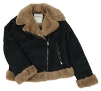 Černý semišový zateplený crop křivák s kožešinovým límečkem Abercrombie&Fitch