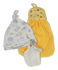 3set - Bílá čepice se zvířátky + bílé ponožky s volánky a mašlí + žlutá žínka s jablky 
