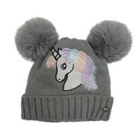 Šedá čepice s jednorožcem a bambulemi