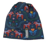 Tmavomodrá květinová čepice s koníky