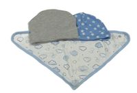 3set - 2x čepice - modrá s hvězdami + šedá + bílý slinták s mraky 