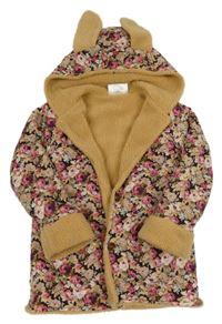 Hnedo-ružový kvetovaný plátenný zateplený kabát s kapucňou s ušima