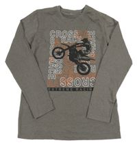 Šedé melírované triko s motorkou a nápisy 