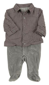 Šedo-fialový sametový overal s našitou kostkovanou košilí Vertbaudet