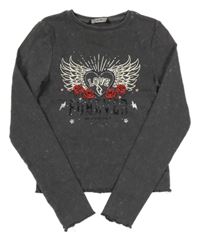 Tmavošedé batikované žebrované crop triko se srdíčkem a křídly George