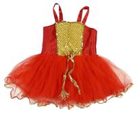 Kockovaným - Červeno-zlaté šaty s tylovou sukní