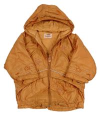 Oranžová šušťáková zimná bunda s kvietkami a kapucňou Liegelind