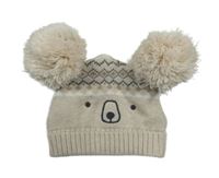 Béžová pletená podšitá čepice s medvídkem a bambulemi F&F