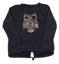 Tmavomodrý melírovaný svetr se sovou z flitrů