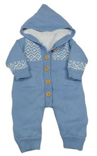 Modrá pletená zateplená kombinéza se vzorem kapucí 