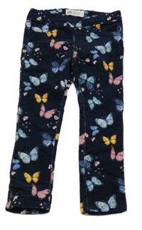 Tmavomodré manšestrové elastické kalhoty s motýly H&M