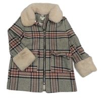 Světlerůžovo-tmavomodrý kostkovaný vlněný kabát s kožíškem River Island