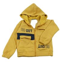 Nové - Hořčicová propínací mikina s nápisem a kapucí 