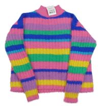 Nové - Barevný pruhovaný žebrovaný chlupatý svetr Next 