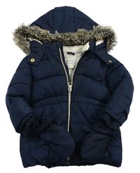 Tmavomodrá prešívaná šušťáková zimná bunda s kapucňou s kožešinou + rukavice PRIMARK