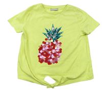 Limetkové crop tričko s ananasem z pajetek a flitrů a uzlom Matalan