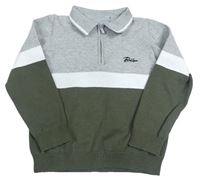 Šedo-bílo-khaki sveter s nápisom a golierikom Matalan