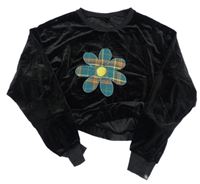 Čierna zamatová oversize crop mikina s květem