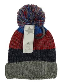 Nové - šedo-tmavomodro-červeno-modrá melírovaná pletená čepice s bambulí F&F
