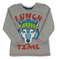 Šedé melírované pyžamové triko s vlkem a nápisy Kids