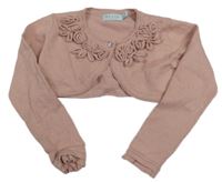 Starorůžové propínací kašmírové bolérko s 3D kvety a volánikmi