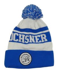 Bielo-modrá pletená hokejová čapica s nápisom a nášivkou a brmbolcom