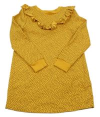 Hořčicovo-černé puntíkaté teplákové šaty s volánkem F&F