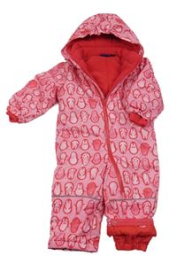 Růžová puntíkatá šusťáková zimní kombinéza s tučňáčky a odepínací kapucí lupilu