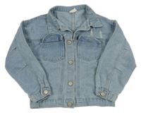 Svetlomodrá rifľová crop bunda s vyšúchaním a kyticí a golierikom