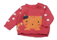 Jahodový sveter s mačičkou a bodkami NUTMEG