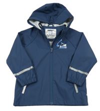 Tmavomodrá nepromokavá bunda s buldozerem a kapucňou lupilu